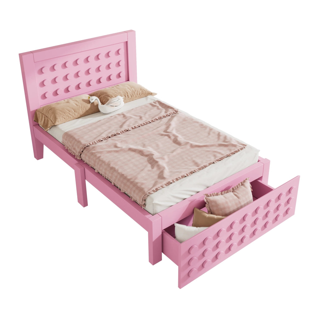 OKWISH Letto Bambini 90×200 cm, Letto Singolo con 1 Cassetto, Spazio contenitore sotto Letto e Bordi Smussati, senza Materasso, Legno, Rosa