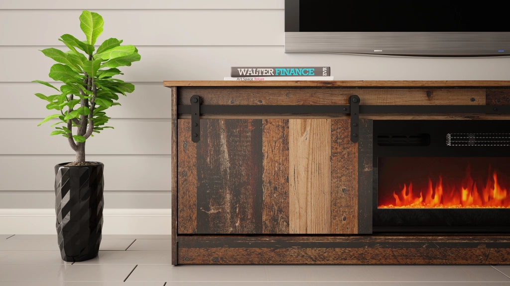 MOBILE TV CON CAMINETTO ELETTRICO GRANERO INCORPORATO cm200x35x57 LEGNO ANTICO