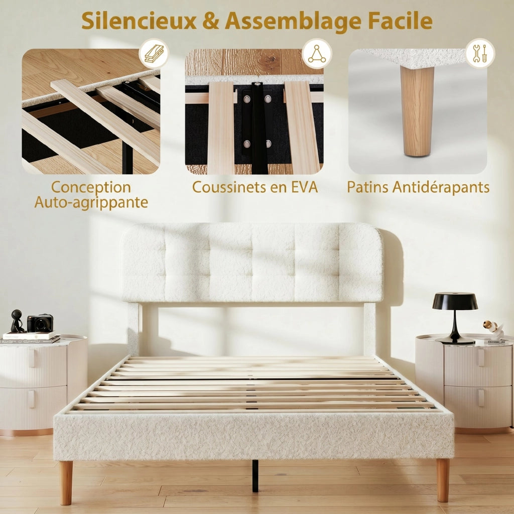 Letto Imbottito Matrimoniale con Testiera Regolabile ¨C zephmum ¨C 160x200 cm Bianco Velluto Teddy
