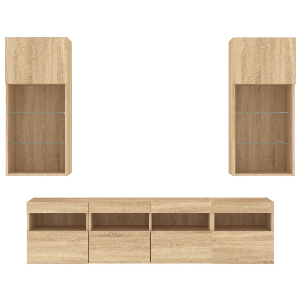 Mobili TV a Muro con LED 5pz | Armadietto TV | Mobile Porta TV Rovere Sonoma Legno Multistrato