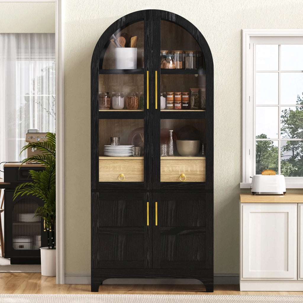 Credenza Alta Nera 180 cm con Ante in Vetro Cannelé; Ripiani Regolabili e Cassetto Portaoggetti per Cucina