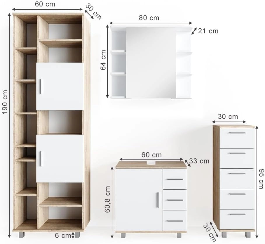 Set mobili bagno Ilias, Sonoma, 60 cm, composto da mobile lavabo, pensile a specchio, colonna e base media