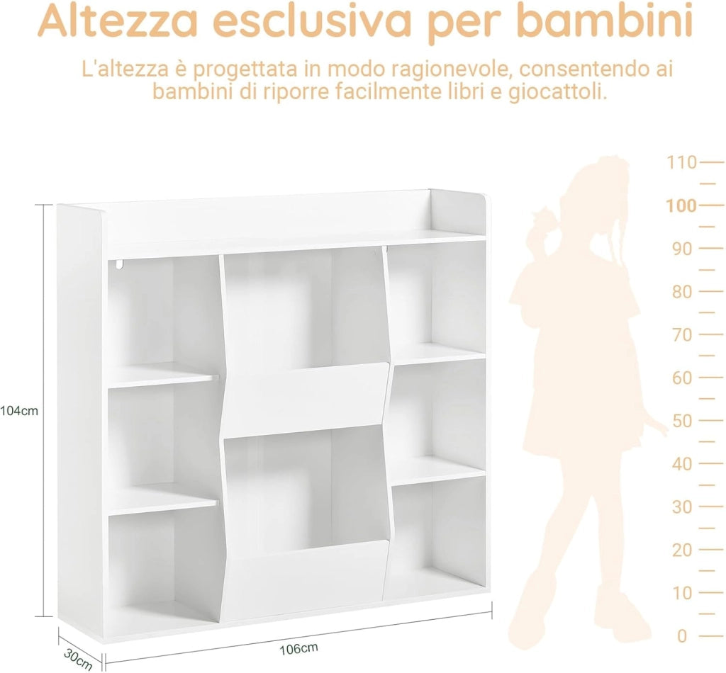 Libreria Montessoriana per Bambini - Scaffale Portagiochi con 8 Scomparti Aperti - Libreria da Terra per Cameretta 106x30x104 cm Bianco KMB55-W