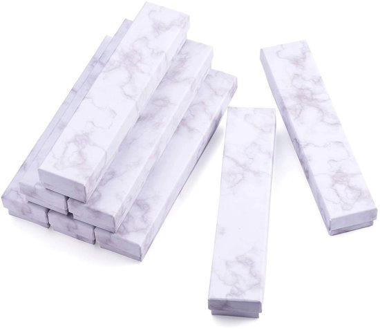 Scatola per Orecchini e Collane in Stile Marmo Bianco - Scatola di Regalo con Coperchio - Forma Lunga e Rettilinea - Ideale per Orecchini/Ketten - Pacco Elegante - Interno in Spugna morbida