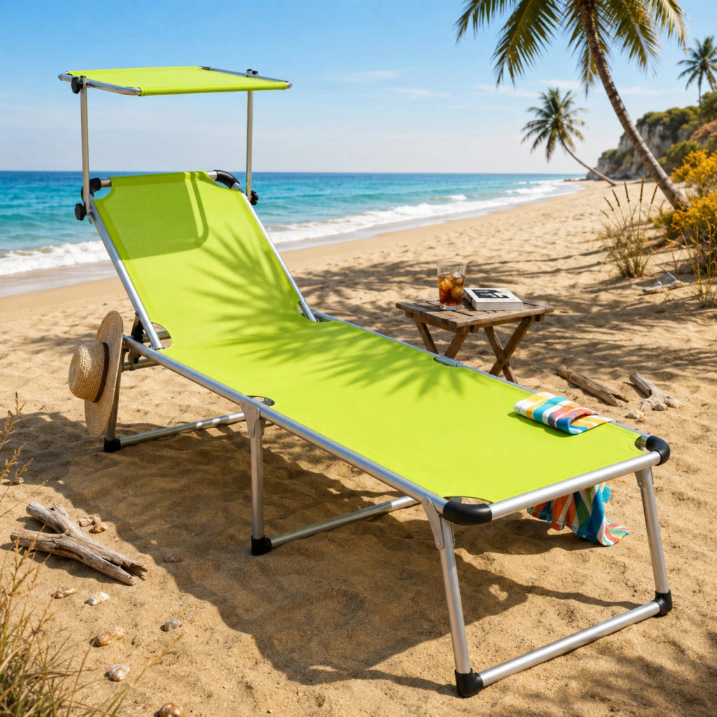 Lettino Pieghevole Prendisole Con Tettuccio Parasole Schienale Reclinabile Regolabile in 6 Posizioni Sedia Sdraio Per Spiaggia Mare Giardino Piscina 187 x 59 x 29 Cm  Verde Fluo