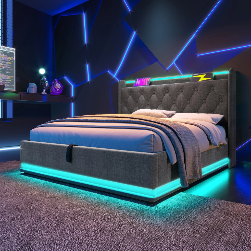 Letto imbottito grigio 180x200 LED telecomandato vano idraulico USB Type-C