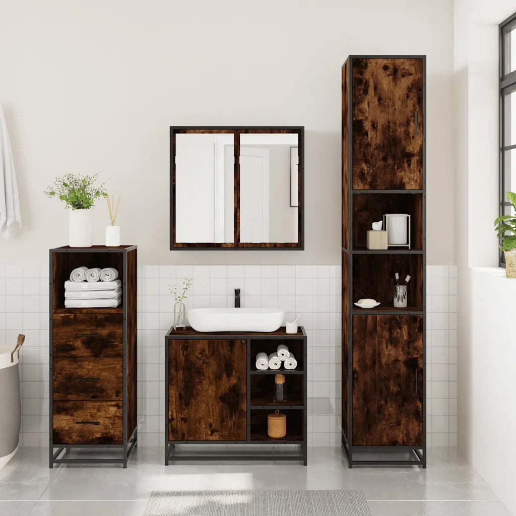 Set Mobili da Bagno 3 pz Rovere Fumo in Legno Multistrato