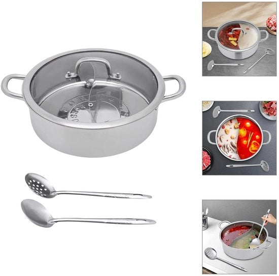 Pentola a Cottura 32cm con Parete Divisoria in Acciaio Inox 304, Coperchio in Vetro con Maniglia in Acciaio Inox, Montaggio Facile per la Cucina, Capacità di Resto
