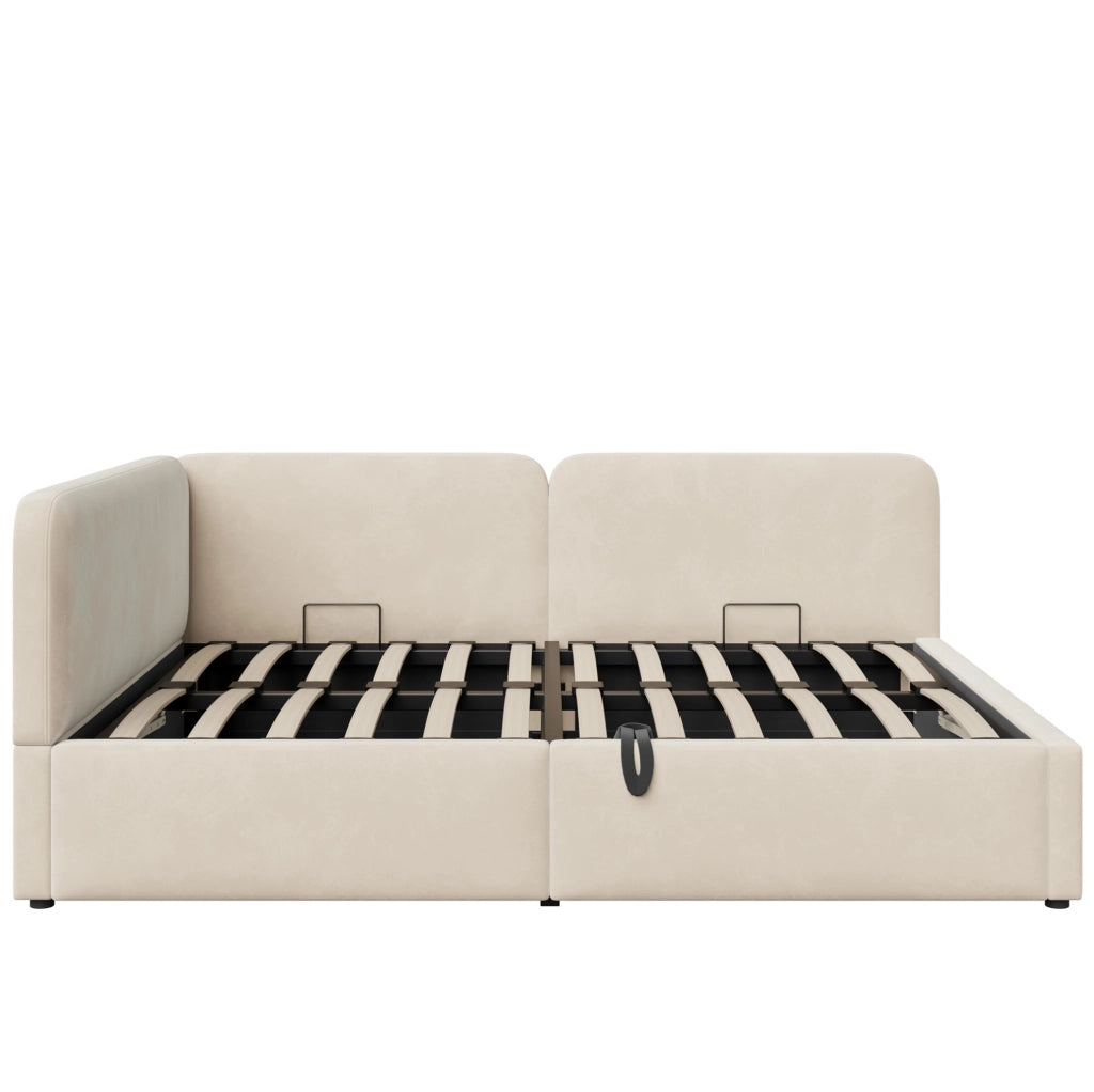 Divano letto imbottito 206x146x81 cm con contenitore idraulico; testiera reversibile in tessuto beige