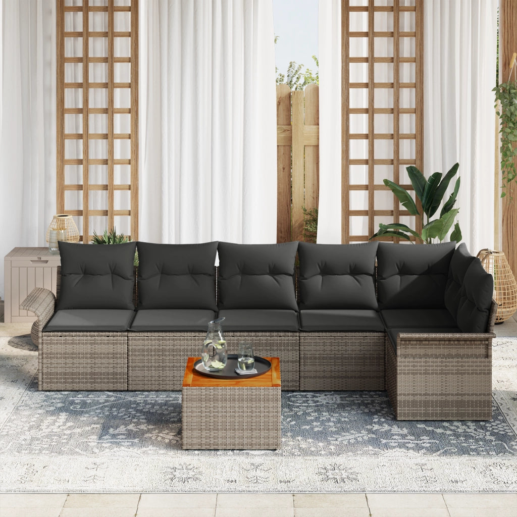 Set Divano da Giardino a 7 Pezzi con Cuscini Grigio Polyrattan Acacia