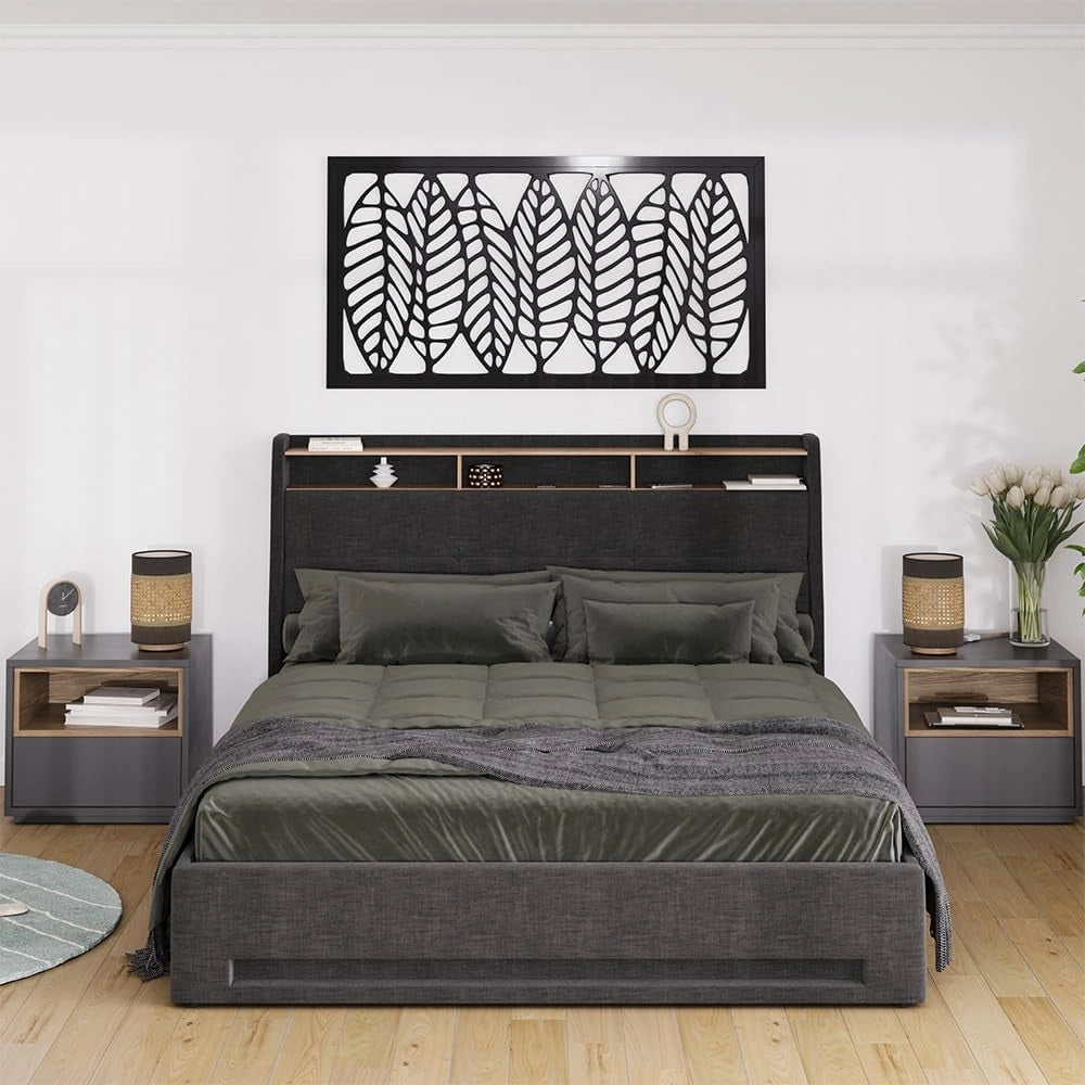 Letto imbottito Christin, Antracite/quercia, 160x200 con LED, connessione USB, materasso