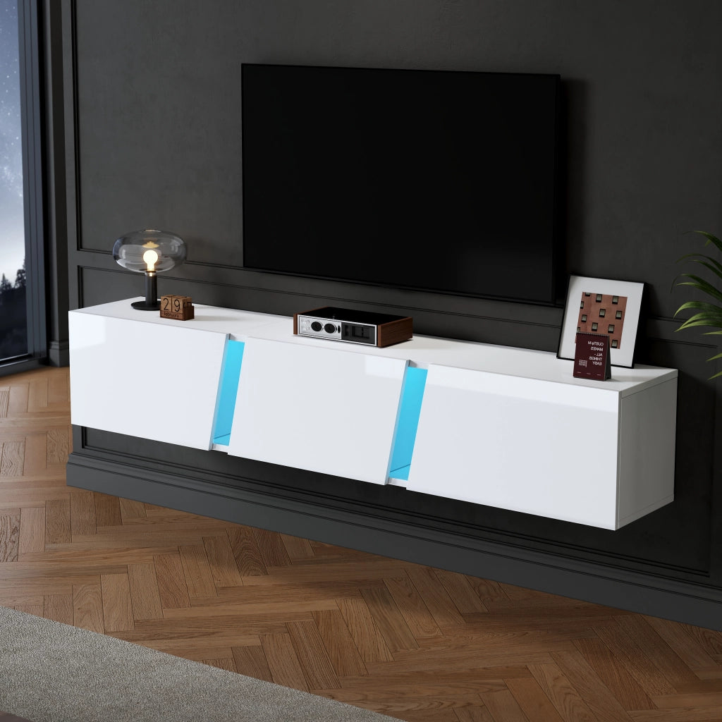 Mobile TV da Parete con 3 Ante a Ribalta e LED; Bianco Lucido; Stile Moderno; in Pannello Truciolare; 180×35×30 cm