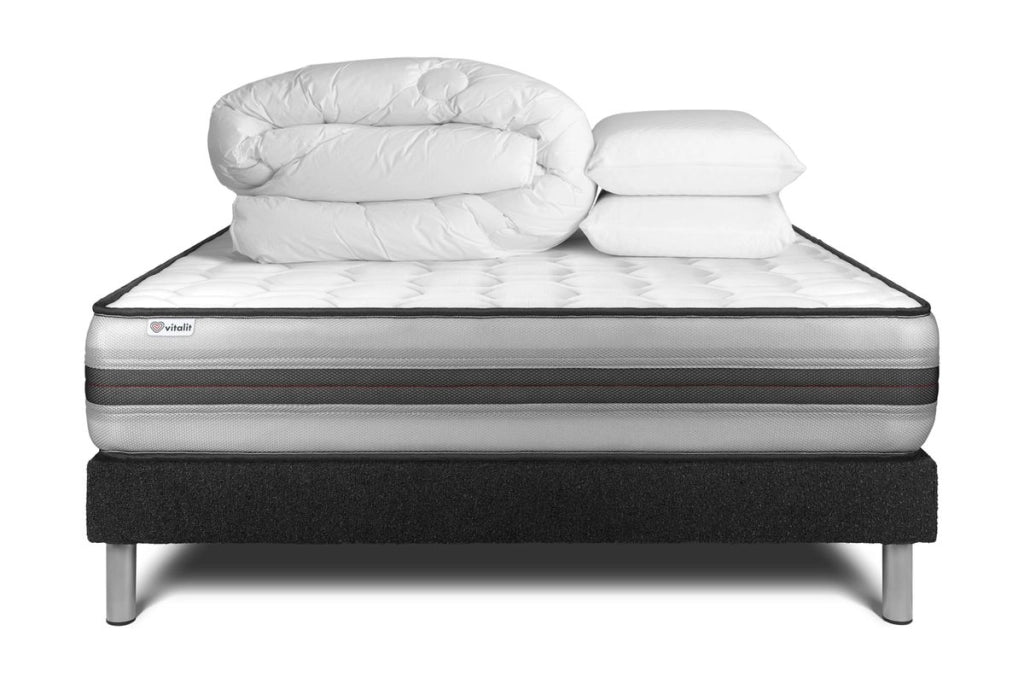 Pacchetto letto completo - Materasso 140x190cm + Box spring con doghe (in kit) + 2 cuscini + Piumino - Vitalpower Recover