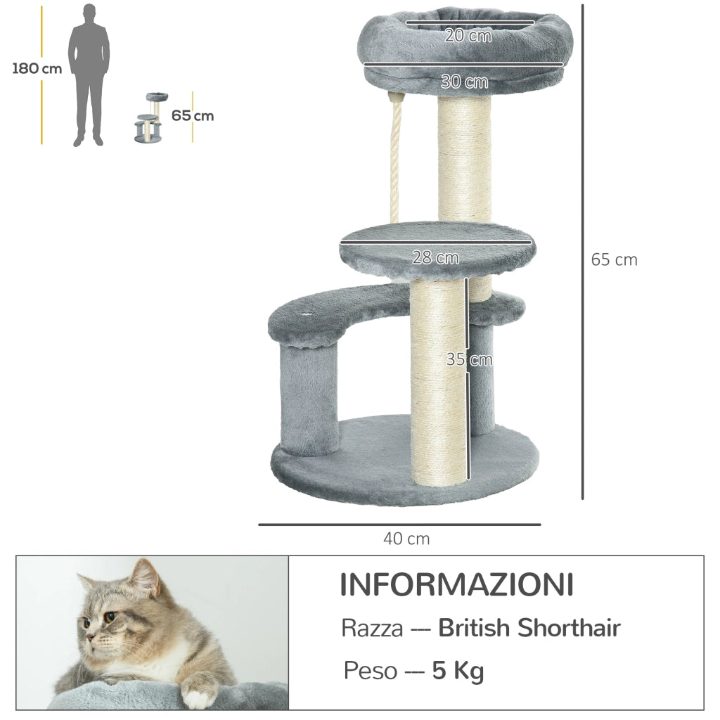 EasyComfort Albero Tiragraffi per Gatti a 3 Livelli con Piattaforme, Lettino e Pali in Sisal, Torre per Gatti con Rivestimento in Peluche, Ø40x65 cm, Grigio