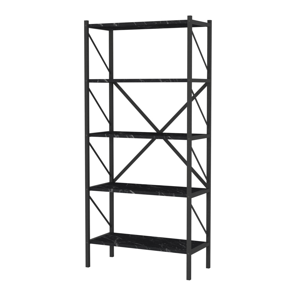 Scaffale da Terra 'Vanylven' Libreria a 5 Ripiani Mobile da Stoccaggio - Effetto Marmo Nero [en.casa]