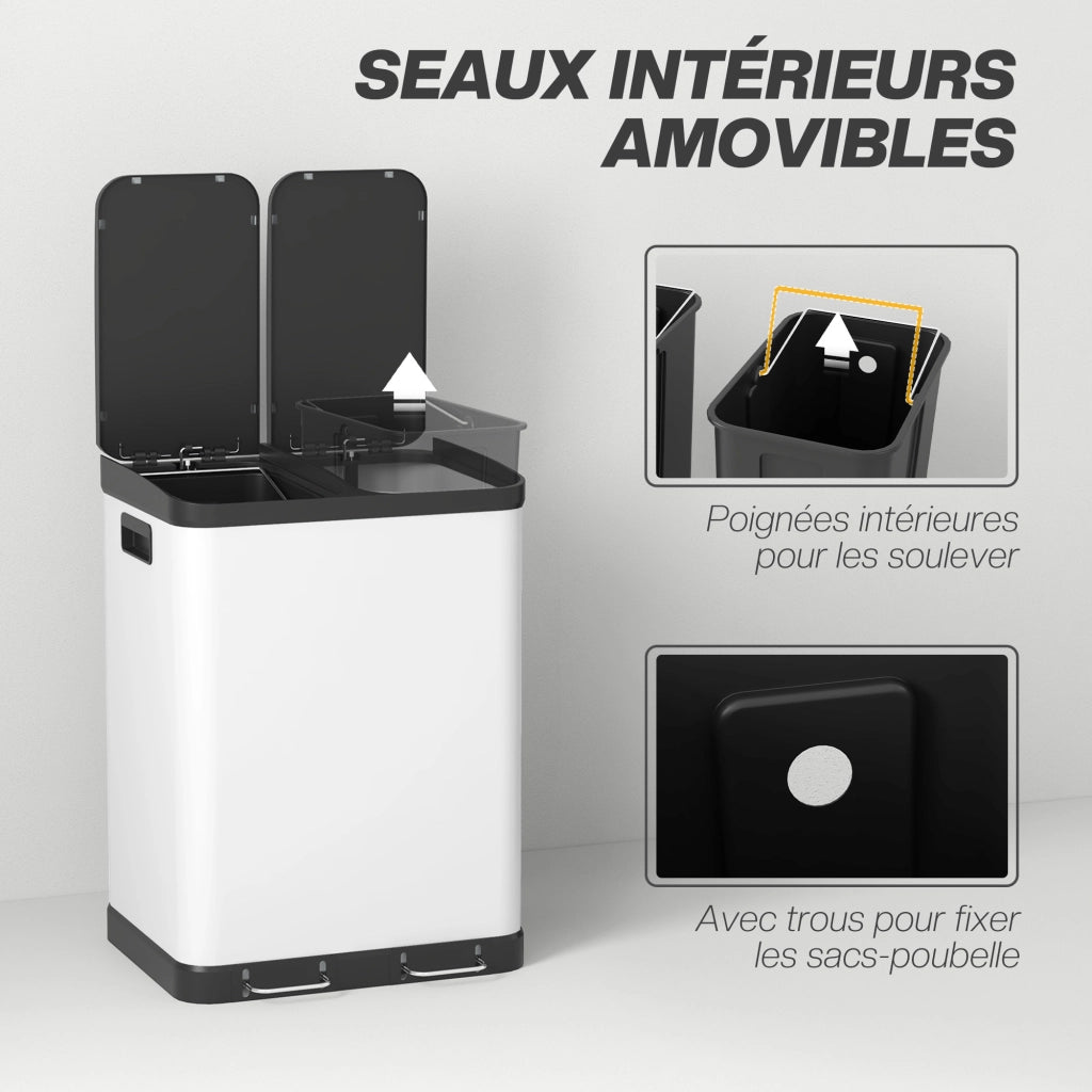 Bidone per la spazzatura da 60L ¨C zephmum ¨C Bianco, acciaio inossidabile