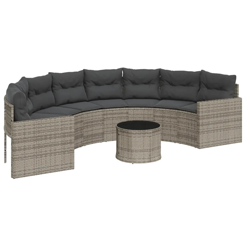 vidaXL Divano Giardino Tavolo Cuscini Semicircolare Grigio Polyrattan