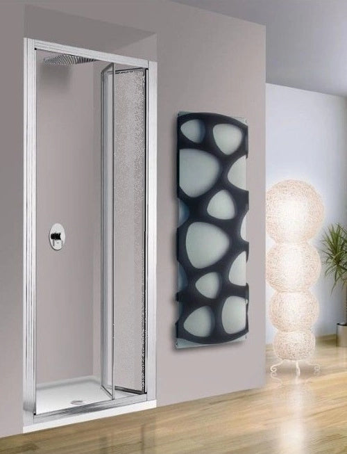 Porta doccia a libro, due ante, alluminio argento, acrilico opaco h185cm Reboa Argento satinato,Acrilico a bolle effetto bagnato opaco,95/100 cm
