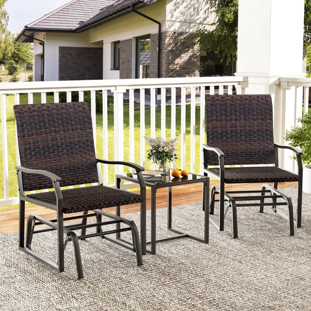 Set da giardino a dondolo 3 pezzi, Set di mobili in vimini con tavolino in vetro temperato seduta in rattan Marrone-Set mobili da esterno