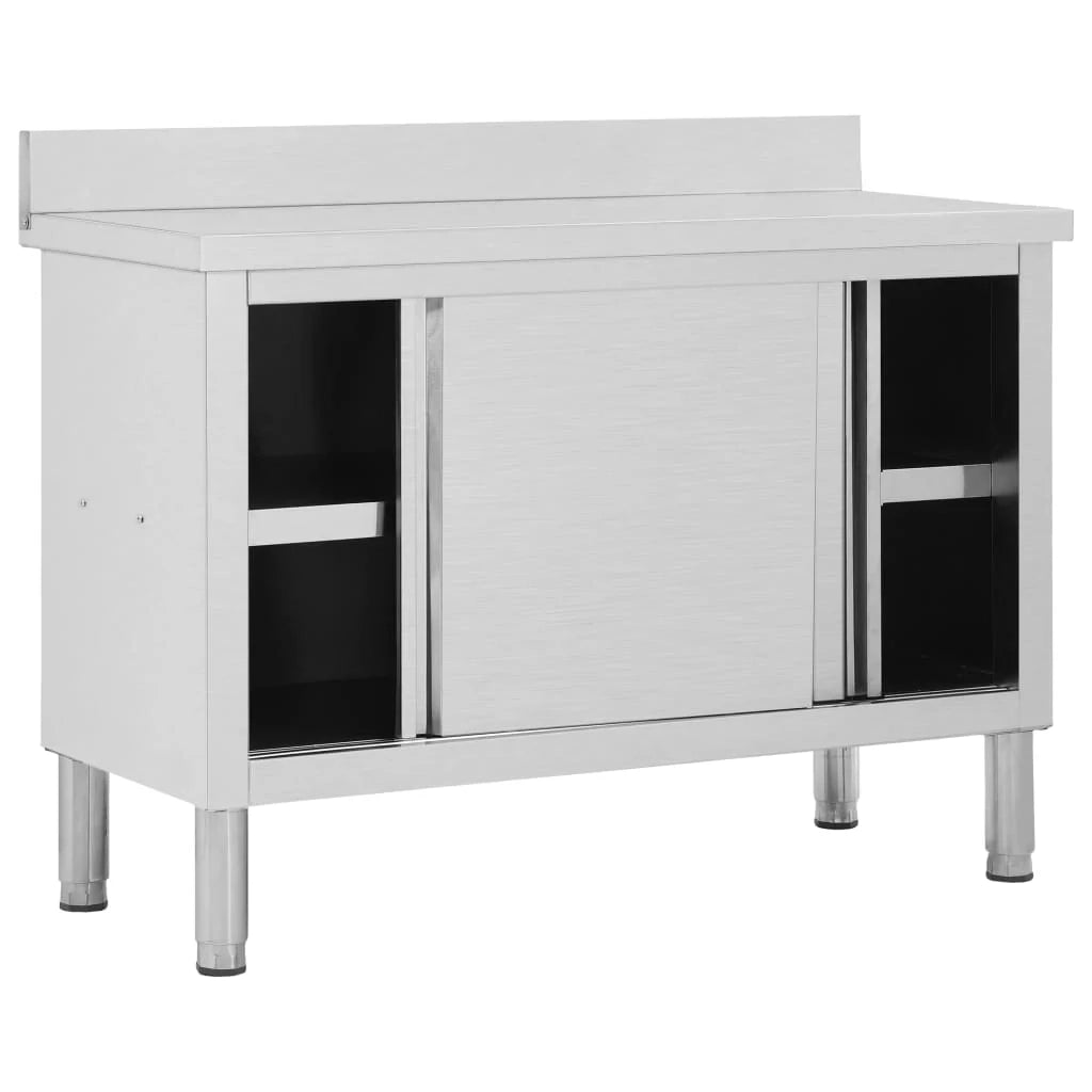 Tavolo da lavoro con ante scorrevoli mobiletto da cucina mobiletto per ristoranti/hotel/mense 120 x 50 x (95-97) cm acciaio inox 02_0001899