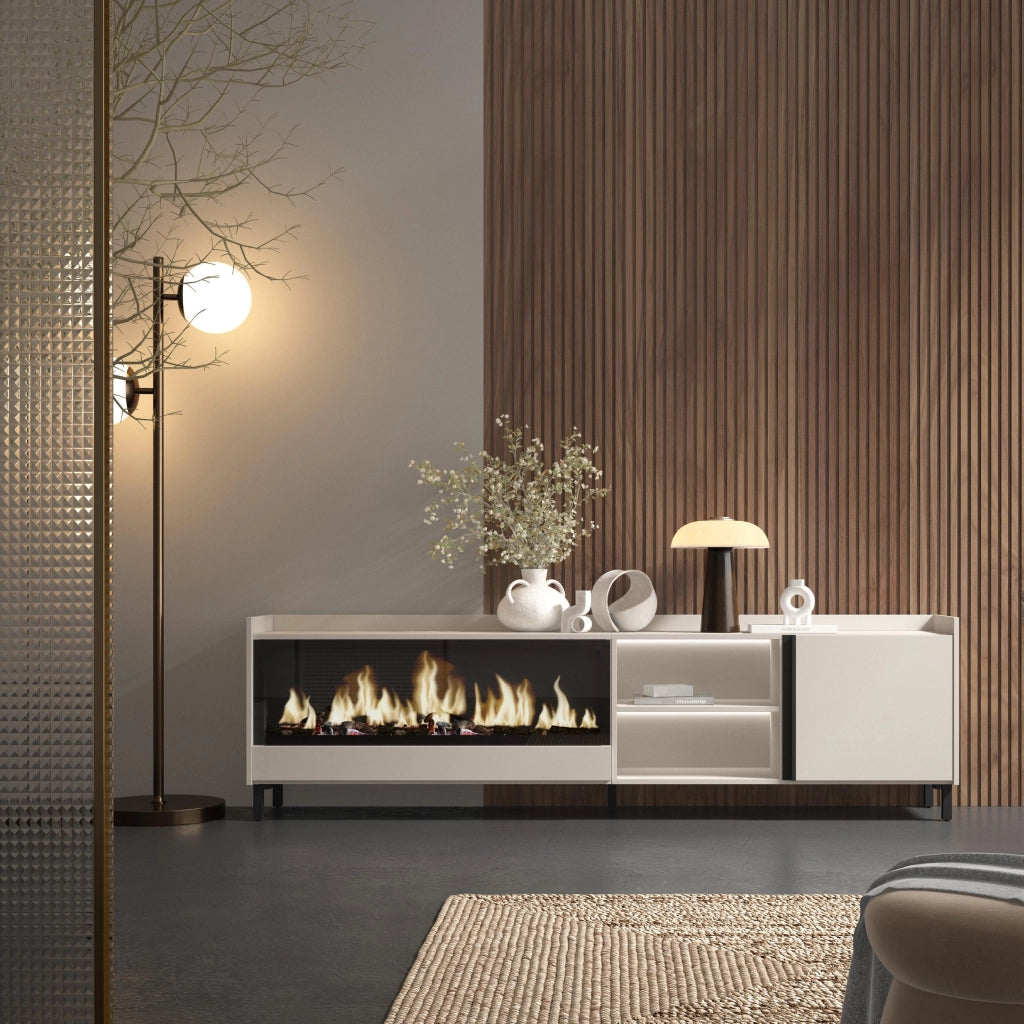 Mobile TV Soggiorno, 212x61x35 cm, Per TV fino a 80", Camino elettrico XXL, Design industriale, LED, Beige