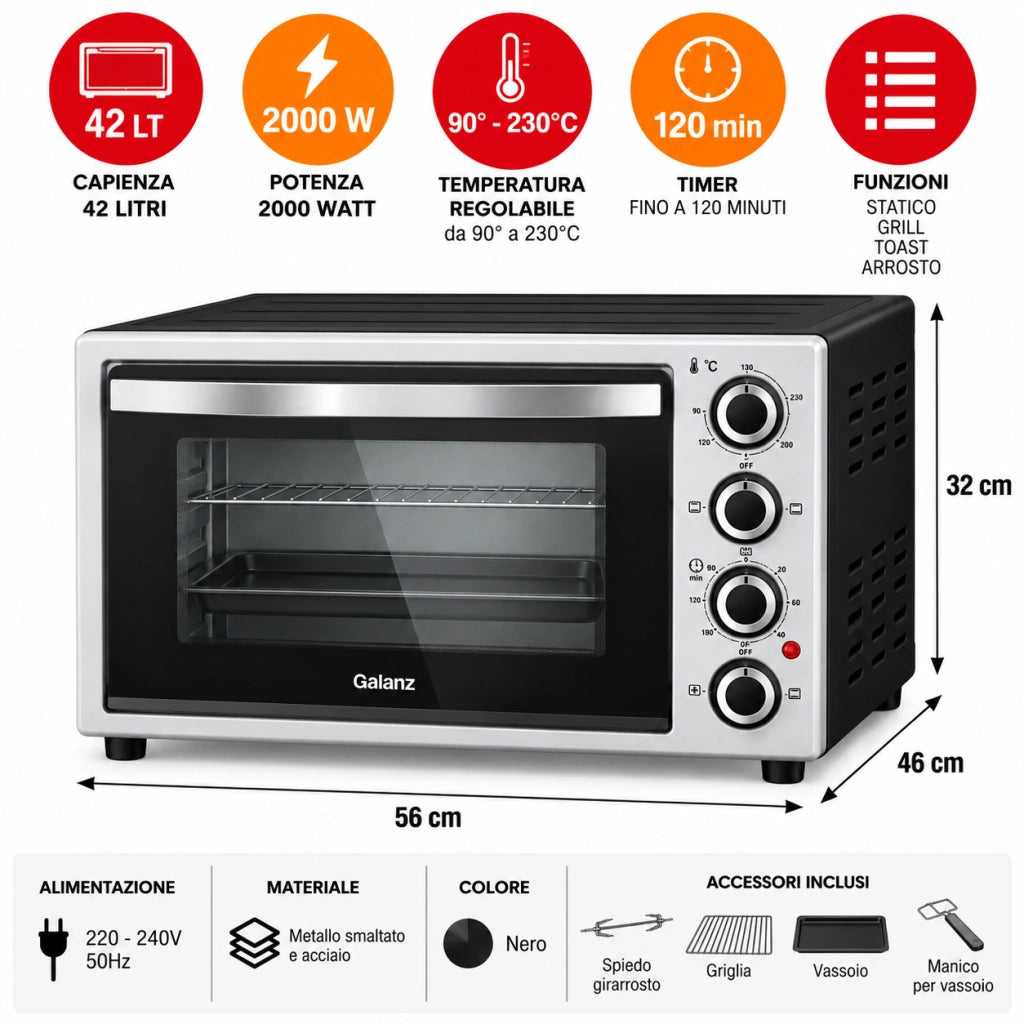 Forno Elettrico 42LT 2000W con Girarrosto Grill Timer 120 Min 90-230° Nero
