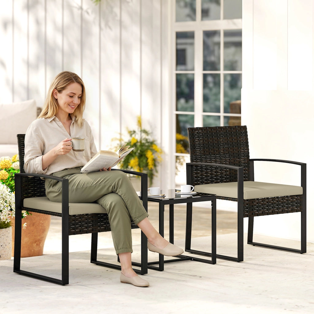 Set giardino 2 persone con tavolo e sedie ¨C Minimal ¨C marrone, polipropilene, vetro