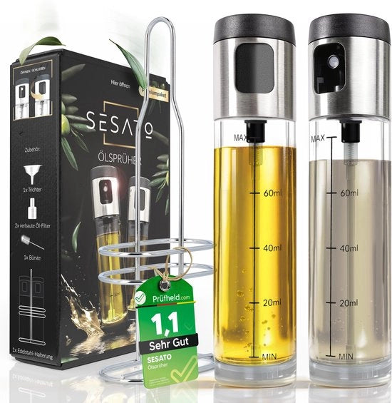 Set di strizzatori per oli con contenitore | Chiusura ermetica, flacone di strizzatore di oli rinforzato | Vetro massiccio e acciaio inossidabile | Strizzatore per olio da cucina, olio d'oliva e aceto