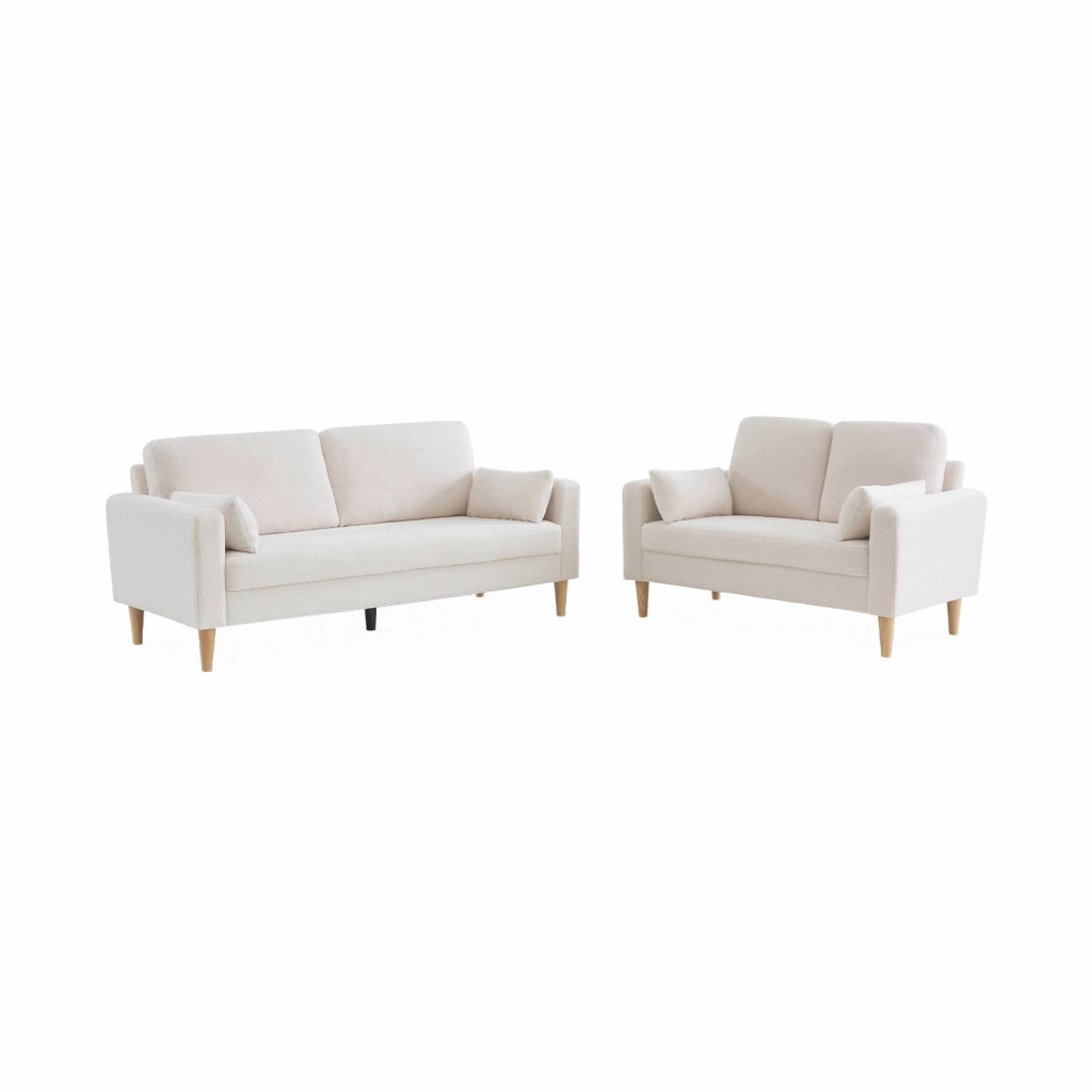 Divano scandinavo in tessuto bouclé e legno, 2 posti, crema