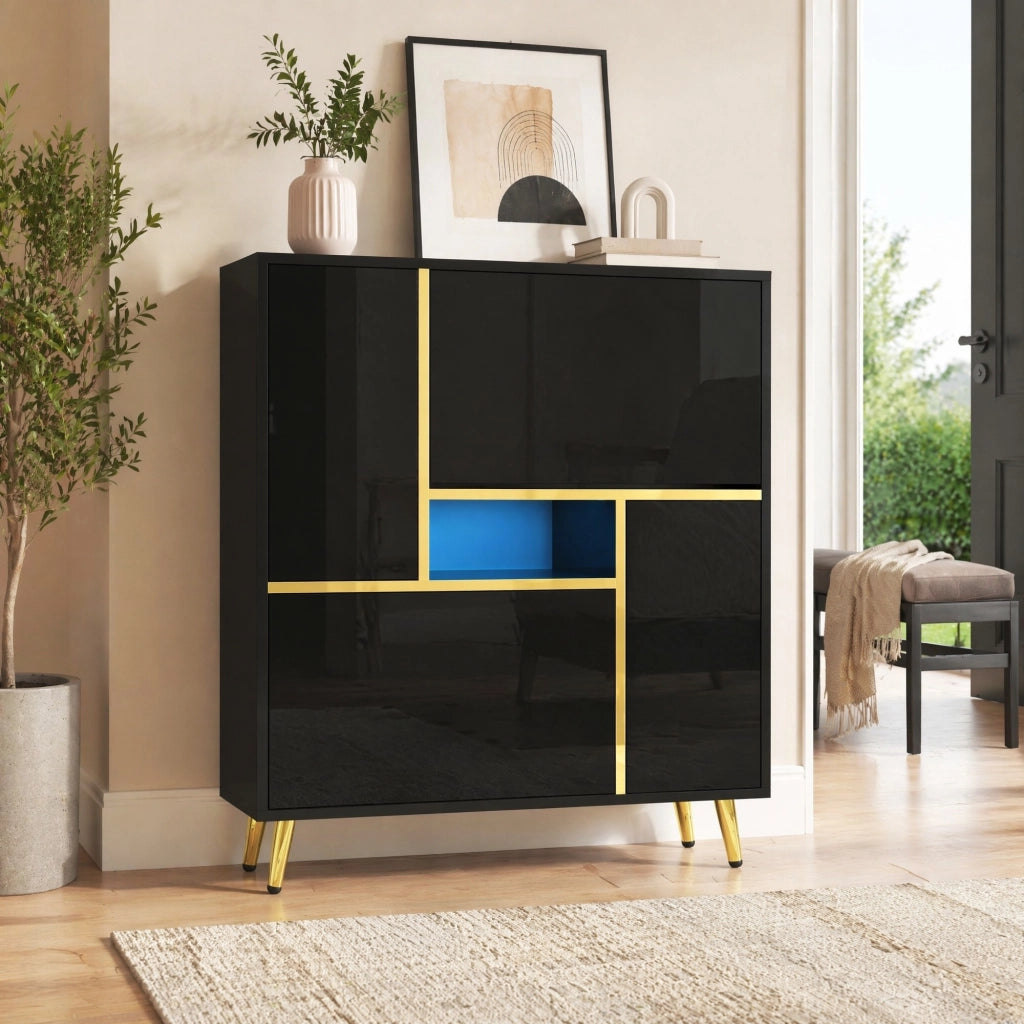 Scarpiera nera con frontale lucido; LED a 16 colori; 80 x 25 x 96 cm in truciolare