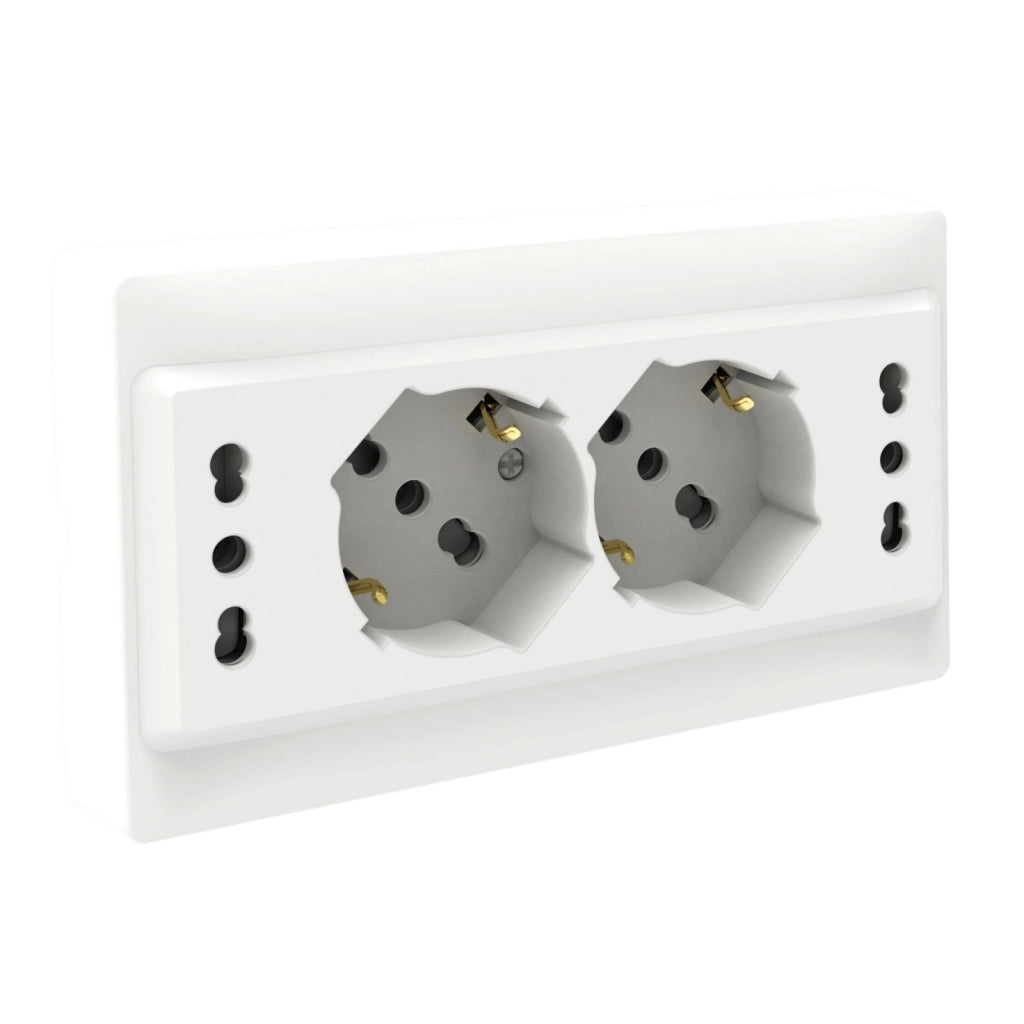 Multipresa Da Incasso Scatola 503 Bianco Lucido, 2 Prese Schuko Universale P40 + 2 Prese Bipasso Italiano 10/16A, 140X80X23mm