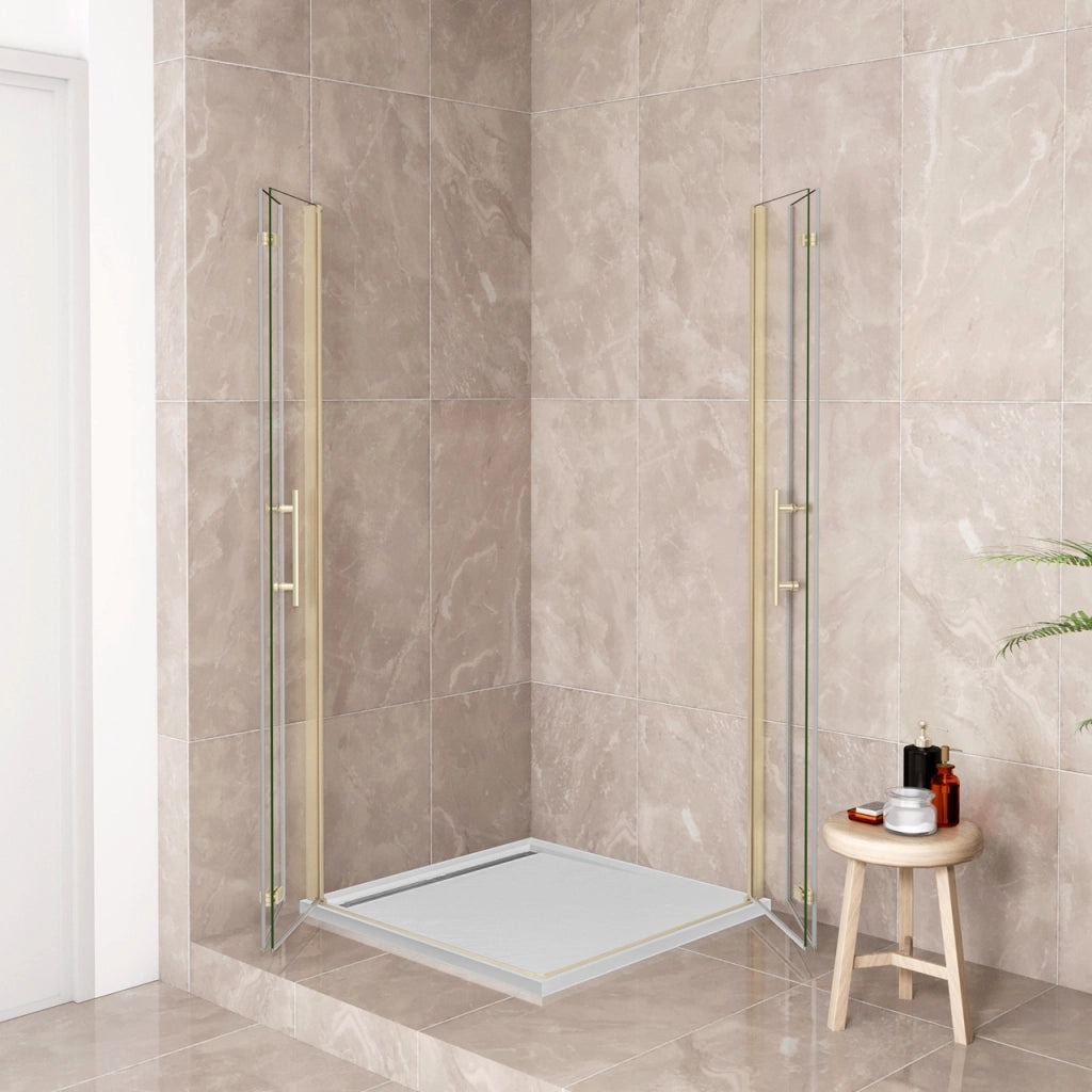 185 cm Box Doccia Angolare 100x100 cm Doppia Porta Battente Pieghevole Vetro Temperato Trasparente 6 mm Anticalcare Telaio Dorato Spazzolato