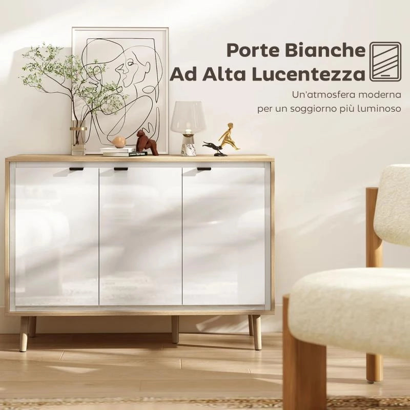 CREDENZA MODERNA A 3 ANTE CON RIPIANO REGOLABILE, 107X35X77 CM, BIANCO LUCIDO E ROVERE