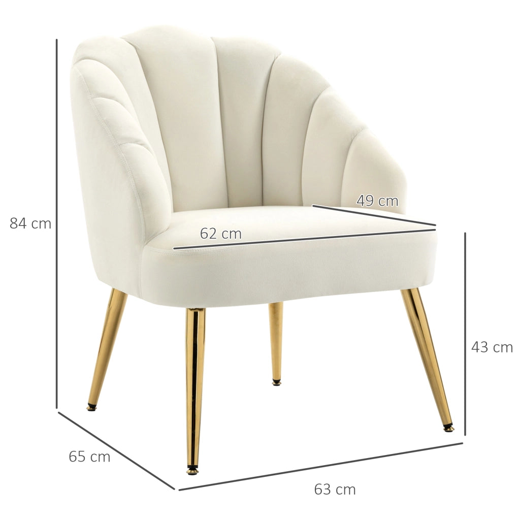 EasyComfort Poltrona in Velluto Imbottita con Schienale a Conchiglia e Gambe in Acciaio per Camera e Salotto, 63x65x84cm, Crema