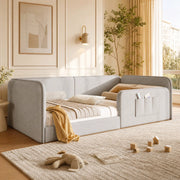Letto a piattaforma 90x200 cm con rivestimento in lino beige e bordo imbottito di sicurezza