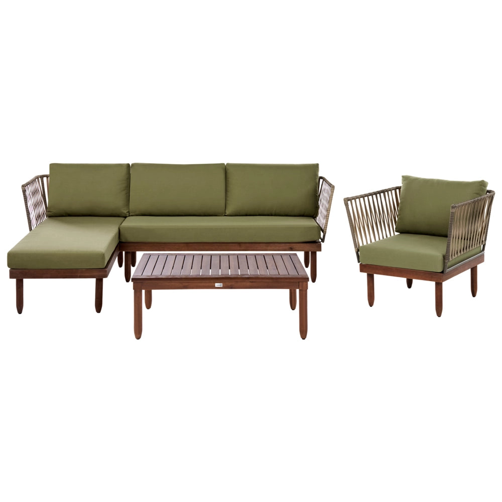 Set Lounge da Giardino 4 Posti ad Angolo Destro con Tavolino Poltrona in Finto Rattan Struttura in Legno di Acacia e Cuscini Verdi