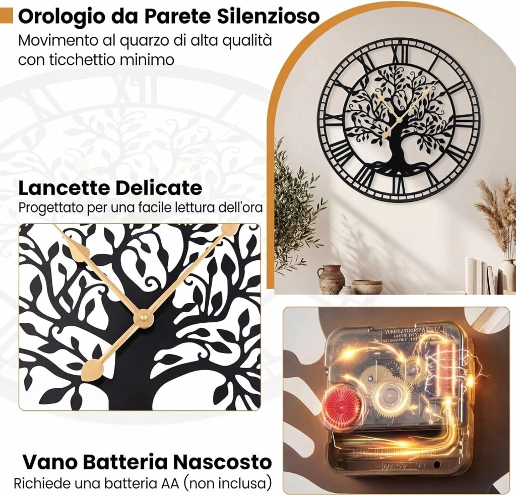 Orologio da Parete Grande da 68 cm, con Albero della Vita in Metallo, Orologio Decorativo Silenzioso Senza Ticchettio, per Soggiorno, Camera da Letto e Cucina, Nero