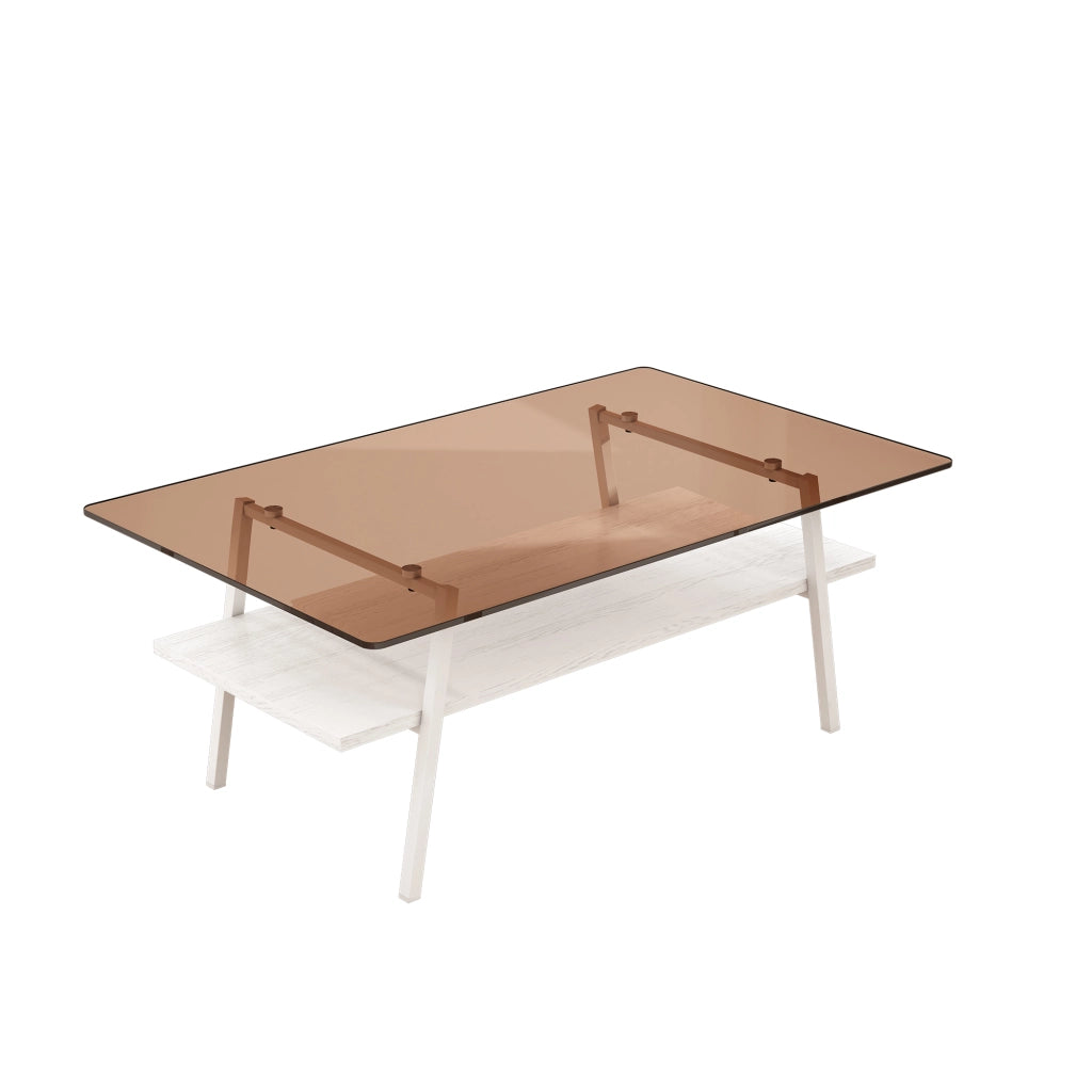 Tavolino basso rettangolare in vetro temperato con gambe in metallo bianco e base in MDF, per soggiorno, 98 × 58 × 42,5 cm