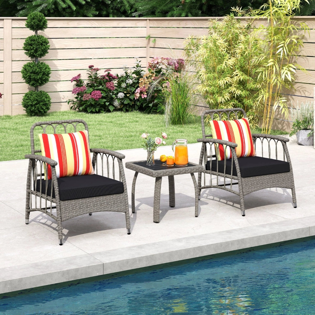 Set da giardino 3 pezzi in rattan PE con schienale regolabile a 5 livelli-Set da conversazione per esterno con cuscini e tavolino da caff¨¨ Grigio