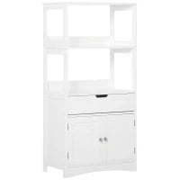 kleankin Mobile Bagno con Mensole, Armadietto e Cassetto, Mobiletto da Bagno Multiuso in Legno, Bianco,  60x33x122.5cm