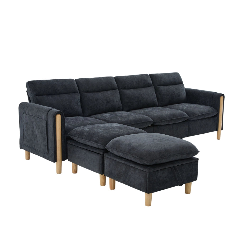 Divano modulare a U a 4 posti con 2 pouf contenitore; chenille nero