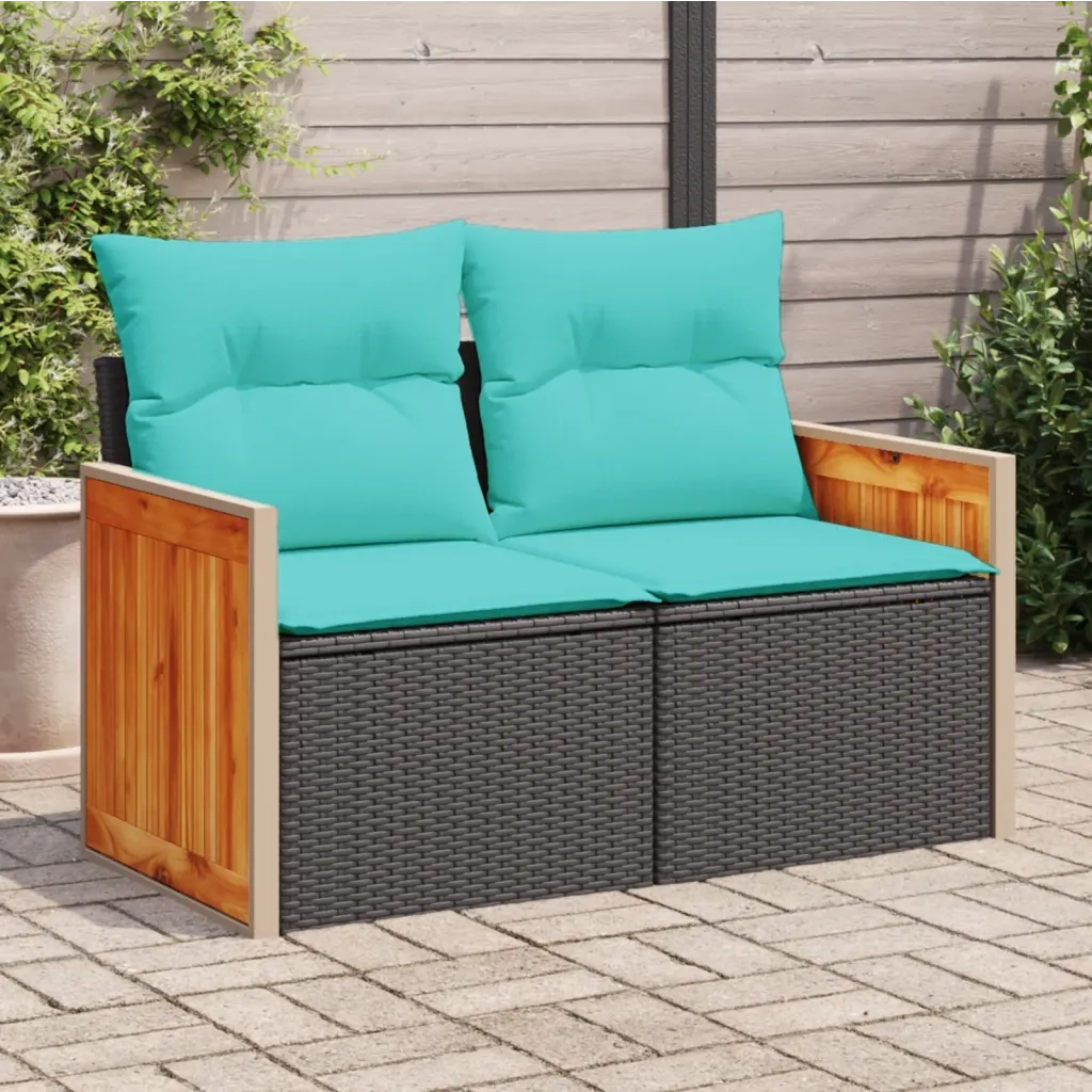 Divano da giardino con cuscini 2 Posti-Sofa da Giardino-Divano da esterno nero in polyrattan 318025