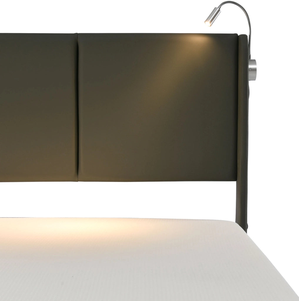 Letto matrimoniale imbottito con contenitore, luci di lettura e ricarica USB