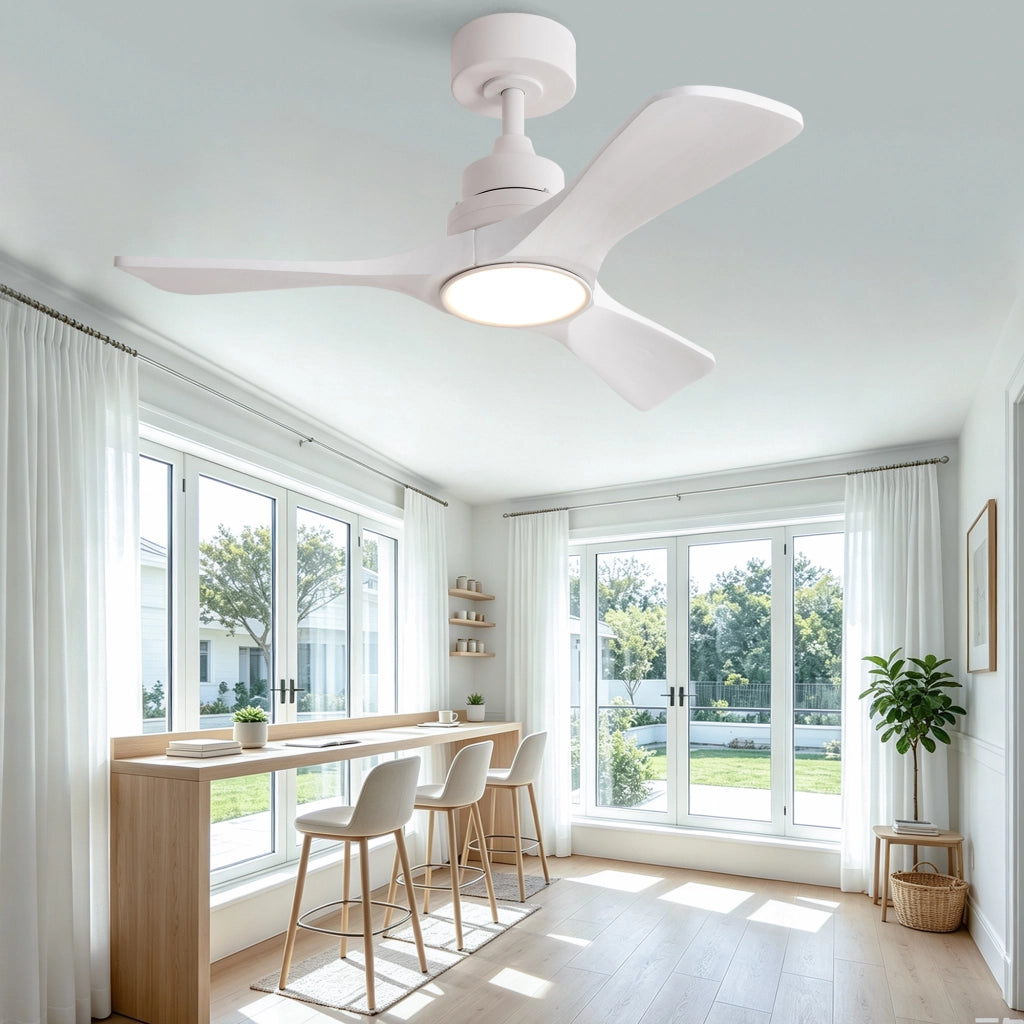 Ventilatore da soffitto bianco puro 36 pollici, 3 pale ad elica rinforzate in legno massello, motore DC reversibile silenzioso, design moderno