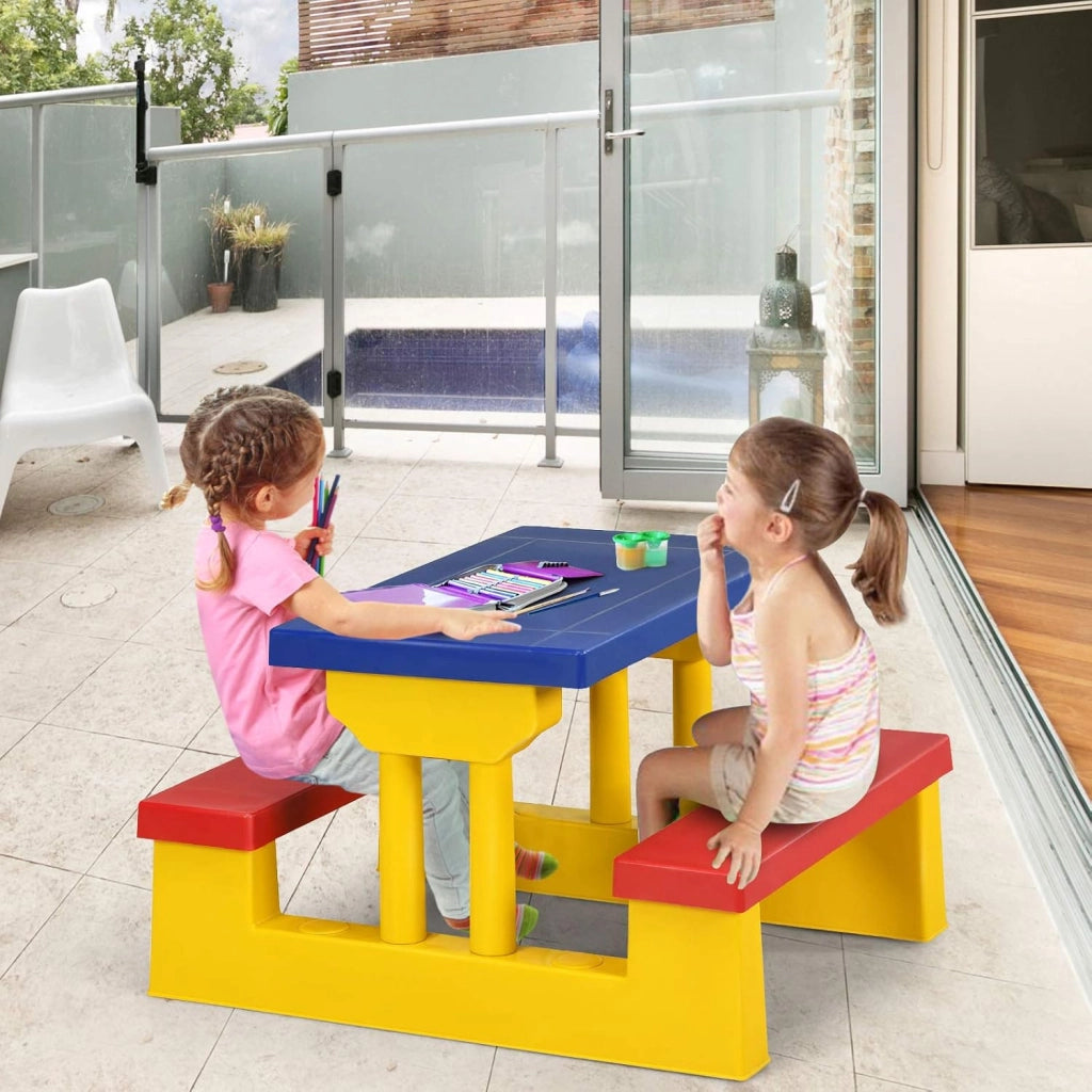 Tavolo da Picnic, Set di Tavolo e Sedie per Bambini con Parasole Pieghevole per Giardino/Terezzo/Parco, Bambini più di 3 Anni (Giallo + Rosso + Blu)