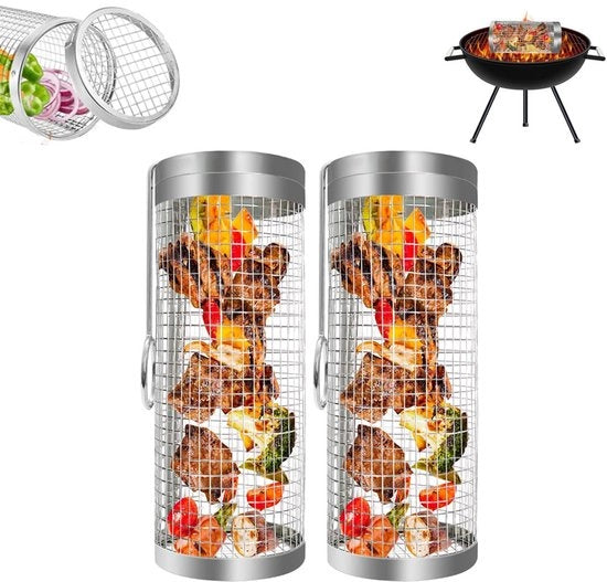 Kit di Griglia BBQ da 2 - Griglia BBQ - Cesto di Barbecue - Cilindro di BBQ - Contenitore per Verdure di BBQ - In Acciaio Inox - Accessori di BBQ - Attrezzatura da Barbecue - 20 cm - Circolare - Barbecue