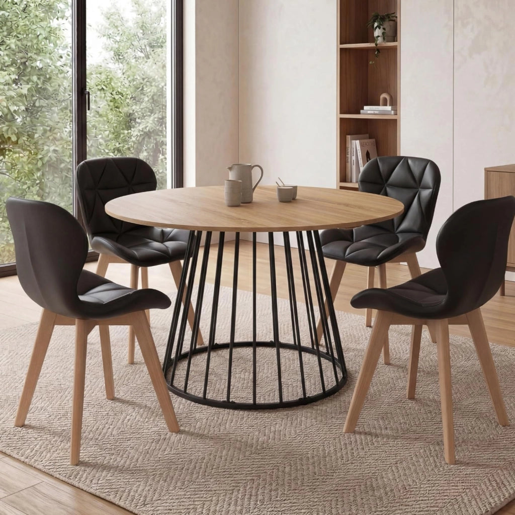 Set Tavolo da Pranzo Rotondo allungabile Yuna con Piano in Legno e Gamba in Filo Metallico 110-150 cm e 4 sedie ROBINE PU Nere