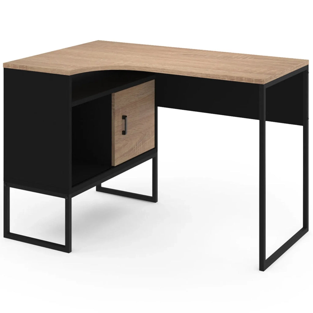 IDMarket - Scrivania angolare ROB in finitura nera e faggio con nicchia portaoggetti e anta dal design industriale