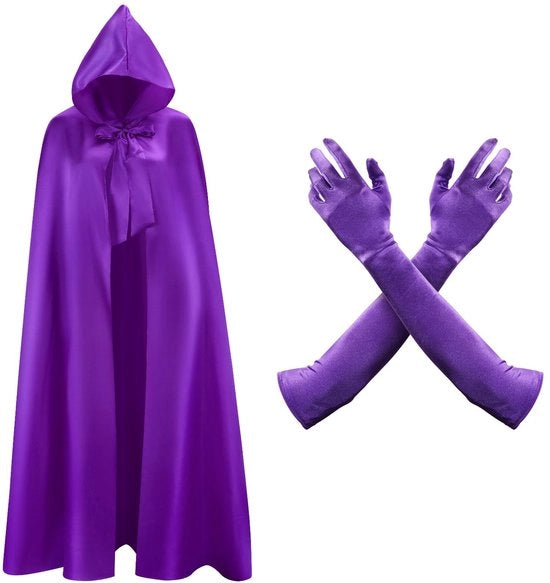 Mantello con Maniche Lunghe e Cappuccio con Guanti di Satin, 150cm Costume da Halloween di Corvo Vampiro Mantello Lungo di Strega per Donne Adulte Costume da Halloween di Cosplay