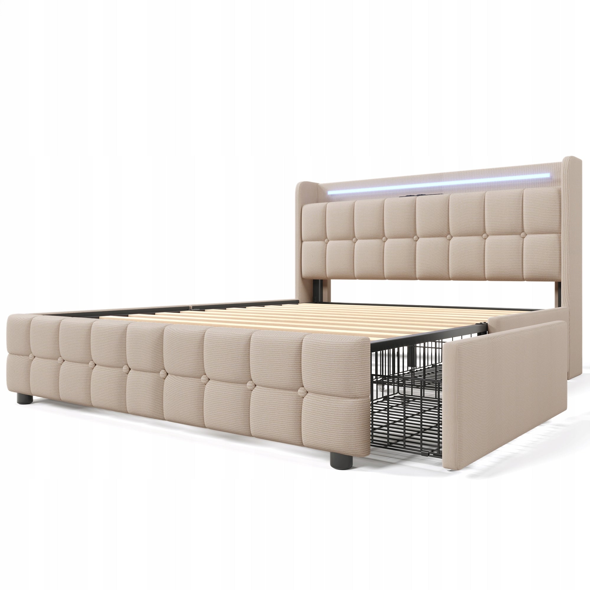 Letto singolo imbottito - Xylo - 90x200 cm - Beige chiaro - USB Type C, cassetti